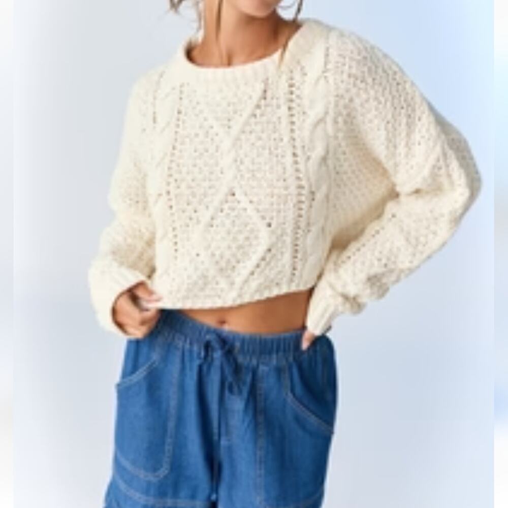 Papermoon NNT Cora Cropped Cable Thick Loose Knit Ivory Crewneck Sweater S - Picture 15 of 15
